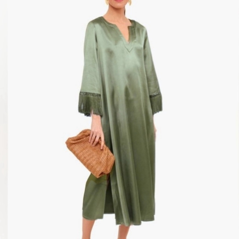 Tuckernuck Jamie Kaftan Dress Satin Fringe Midi